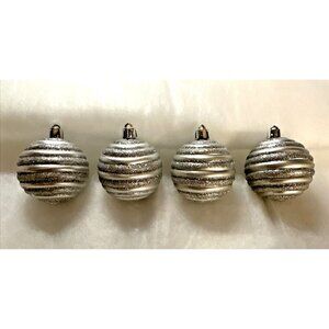 4 Vintage Round Ribbed Silver Plastic Christmas Ornaments With Glitter 2.25"